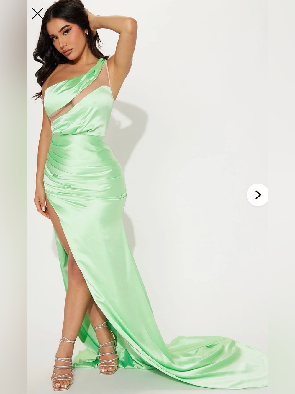 Fashion Nova One-Shoulder Neon Mint Satin Gown